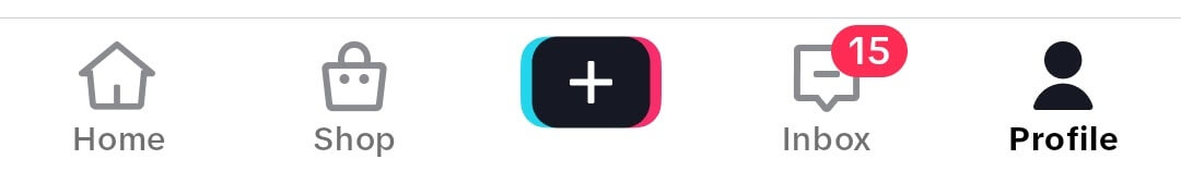 How to get analytics on TikTok; a screenshot of the TikTok bottom menu, including the Home, Shop, Add, Inbox and Profile buttons.